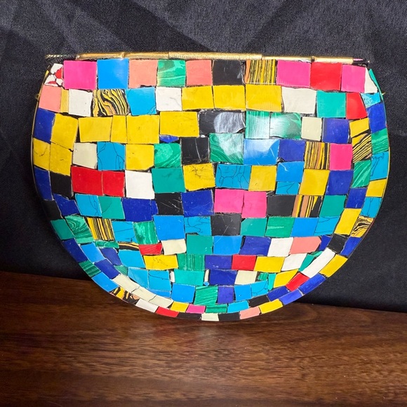 Ramla Colorful Mosaic Clutch with Shoulder Strap and Brass Hamsa‎ - Picture 2 of 4